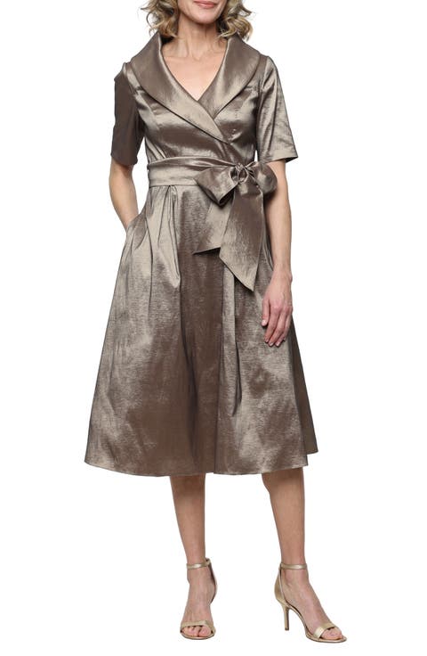 Stretch Taffeta Faux Wrap Midi Cocktail Dress