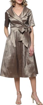 Alex Evenings Stretch Taffeta Faux Wrap Midi Cocktail Dress
