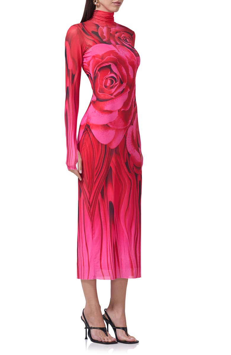 AFRM Shailene Print Long Sleeve Powermesh Midi Dress, Alternate, color, Organic Rose