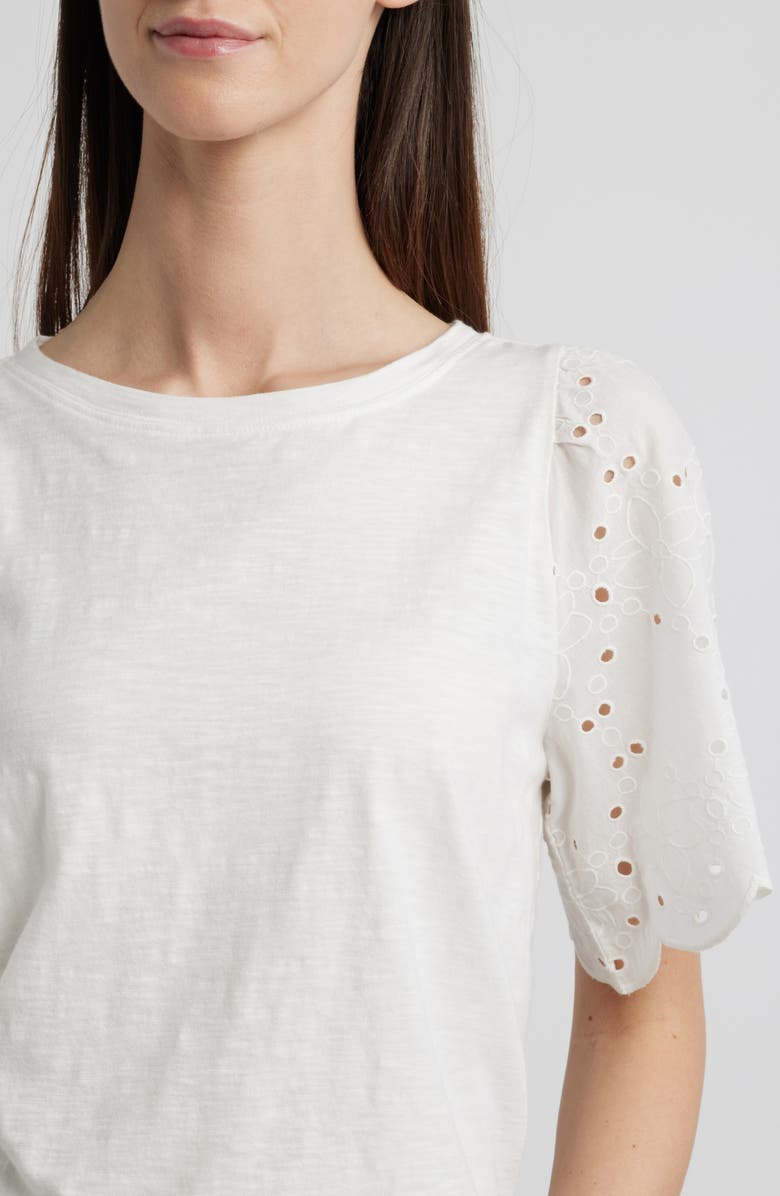 beachlunchlounge Percy Eyelet Sleeve Mixed Media Top, Alternate, color, Ivory