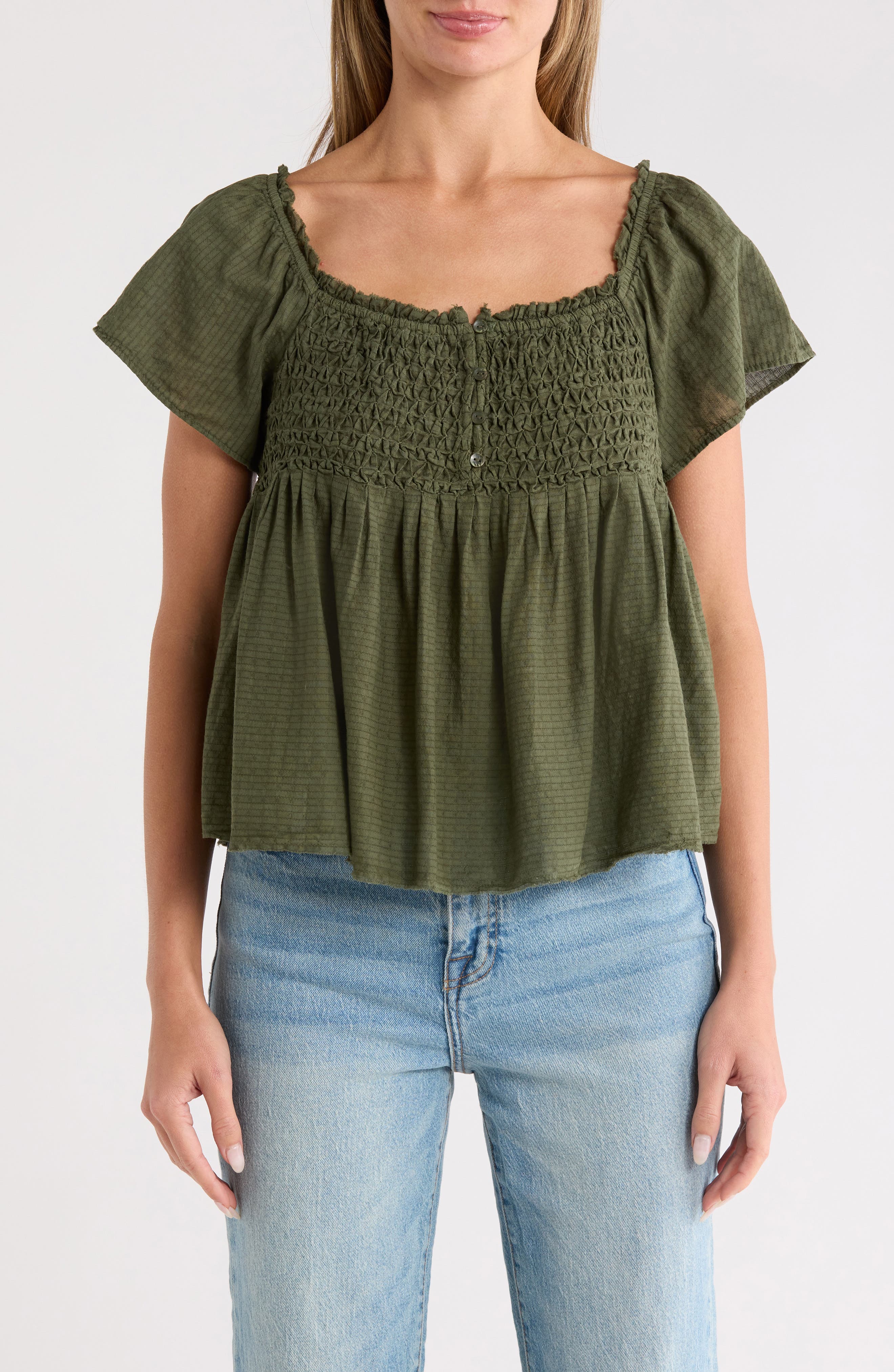 Lucky Brand Smocked Babydoll Top
