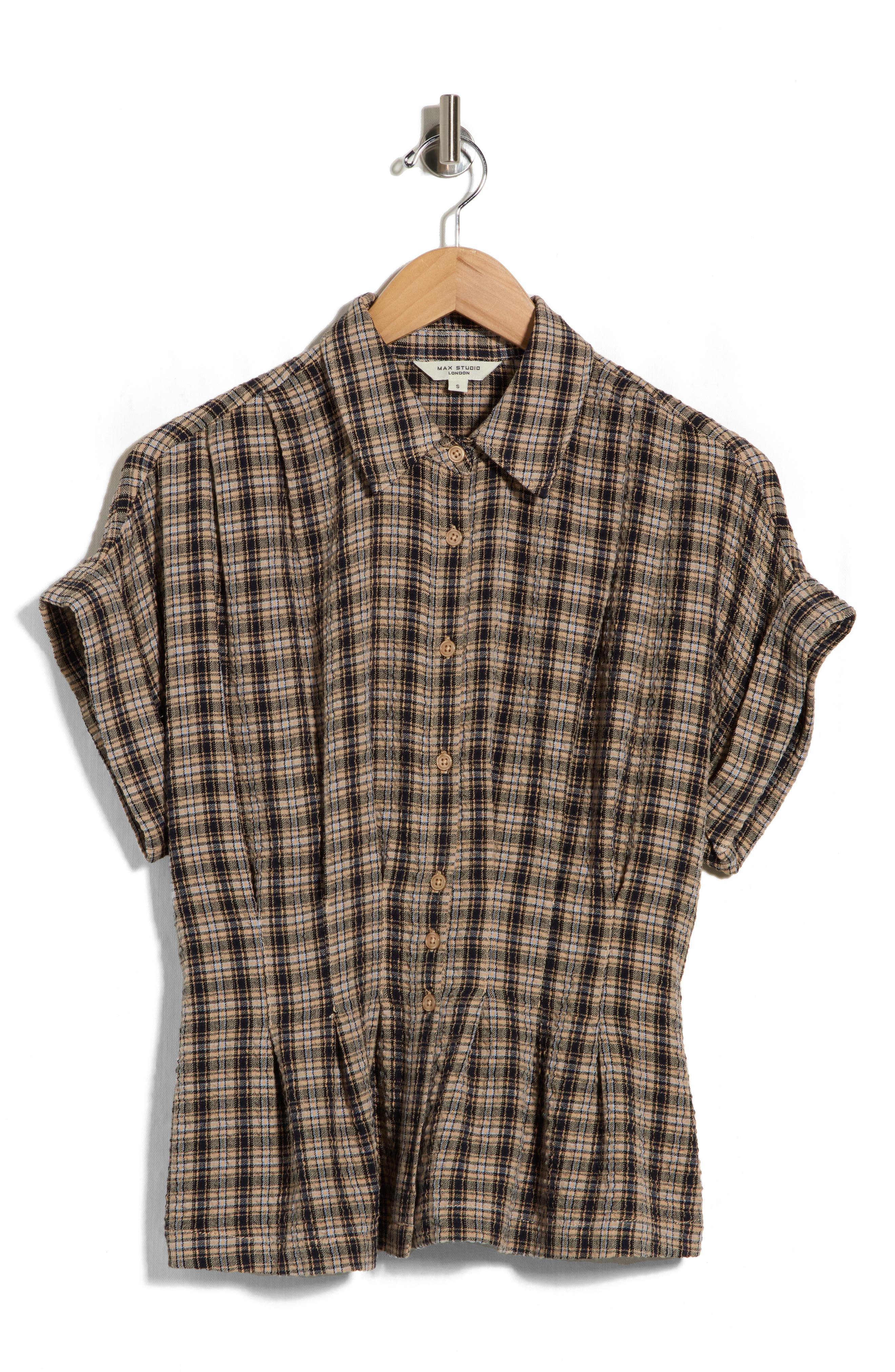 MAX STUDIO Plaid Pintucked Short Sleeve Shirt (Women) | Nordstromrack