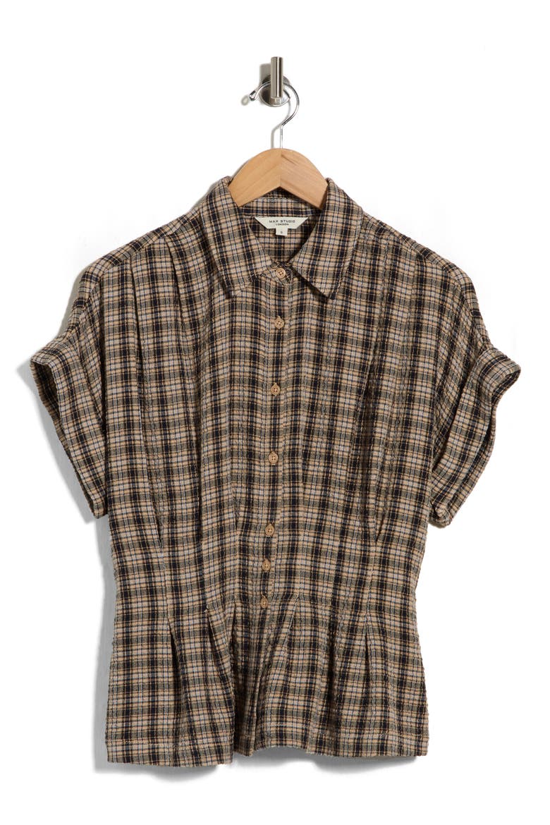 Plaid Pintucked Short Sleeve Shirt, Alternate, color, TAUPE/ BLACK/ BLUE PLAID