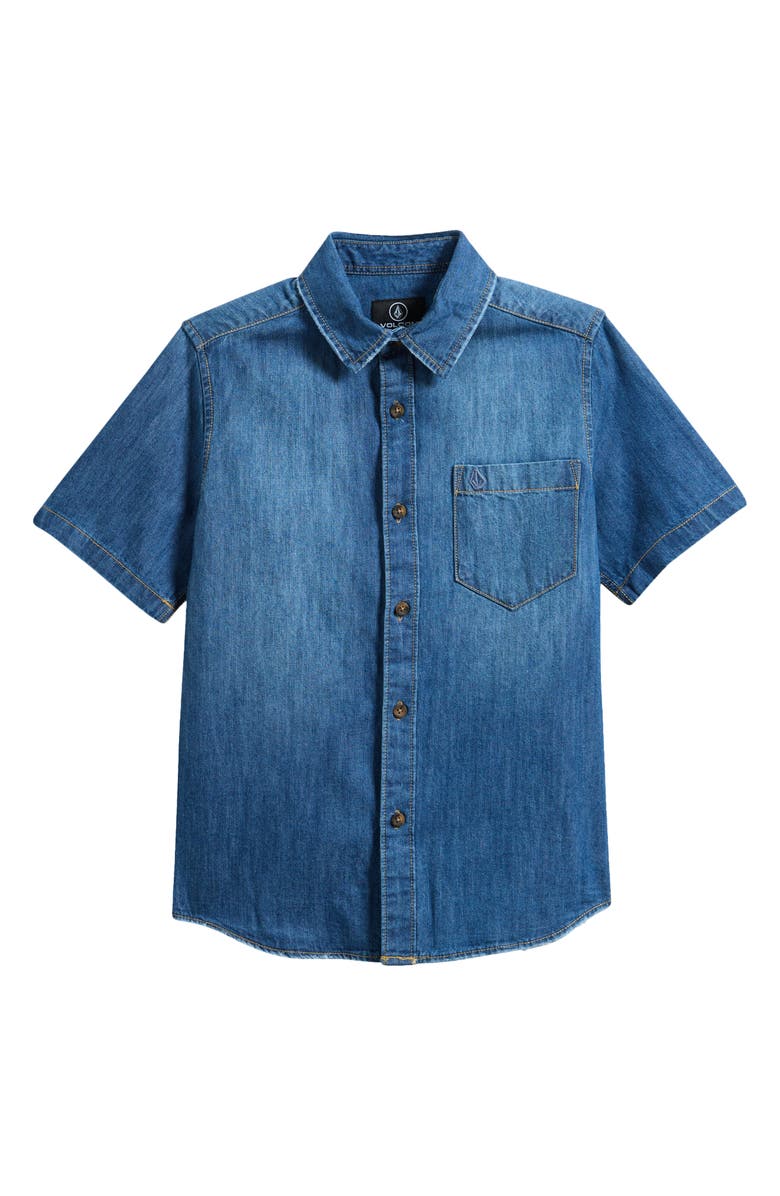 Volcom Kids' Short Sleeve Denim Button-Up Shirt, Main, color, Med Blue