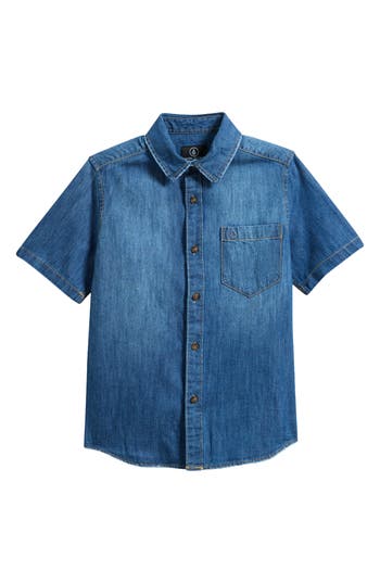 Volcom Kids' Short Sleeve Denim Button-up Shirt In Blue