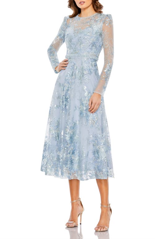 Mac Duggal Blue Embellished Illusion Long Sleeve Midi Dress In Powder Blue
