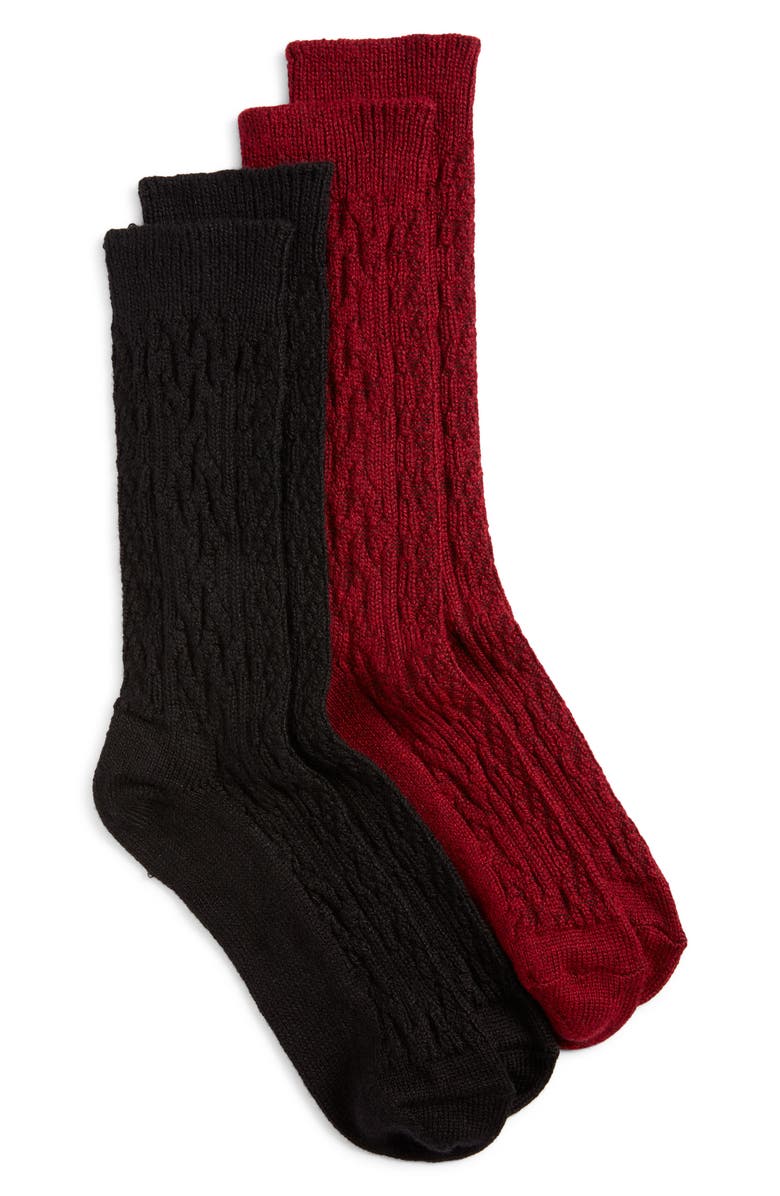 Hue Assorted 2-Pack Cable Crew Socks, Main, color, Black/ Burgundy Pack