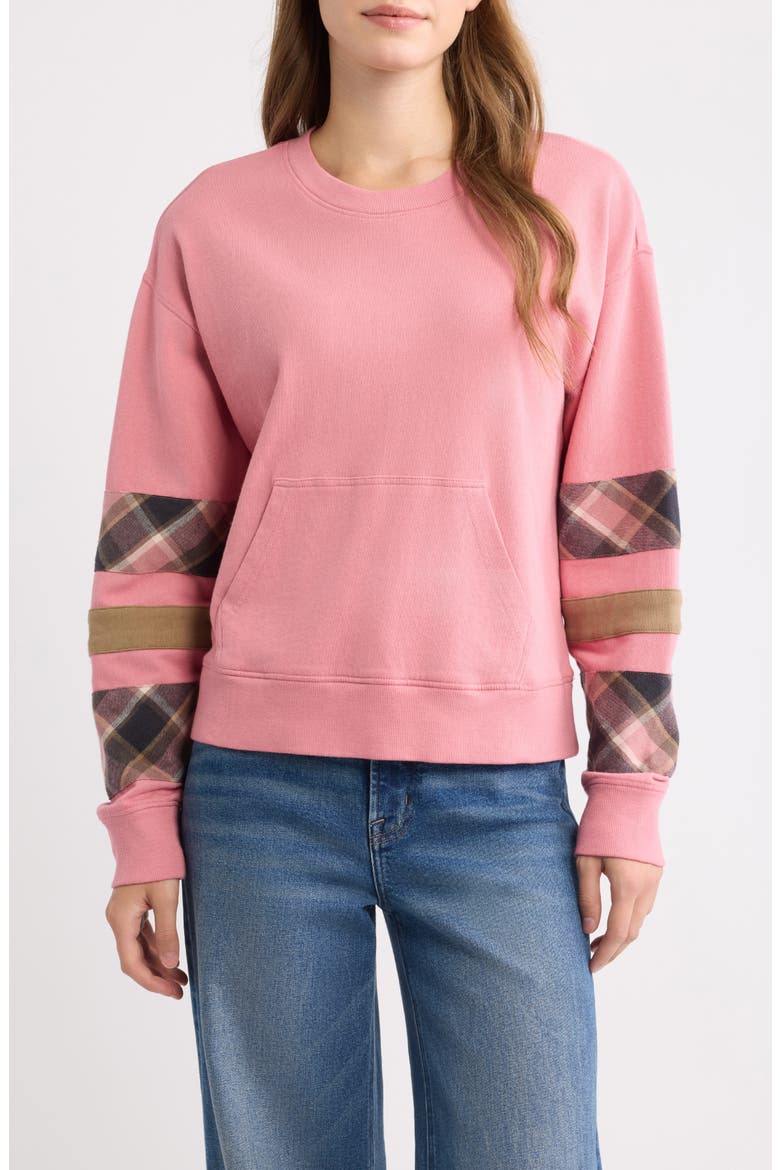 Plaid Sleeve Crewneck Sweatshirt, Main, color, ORCHID