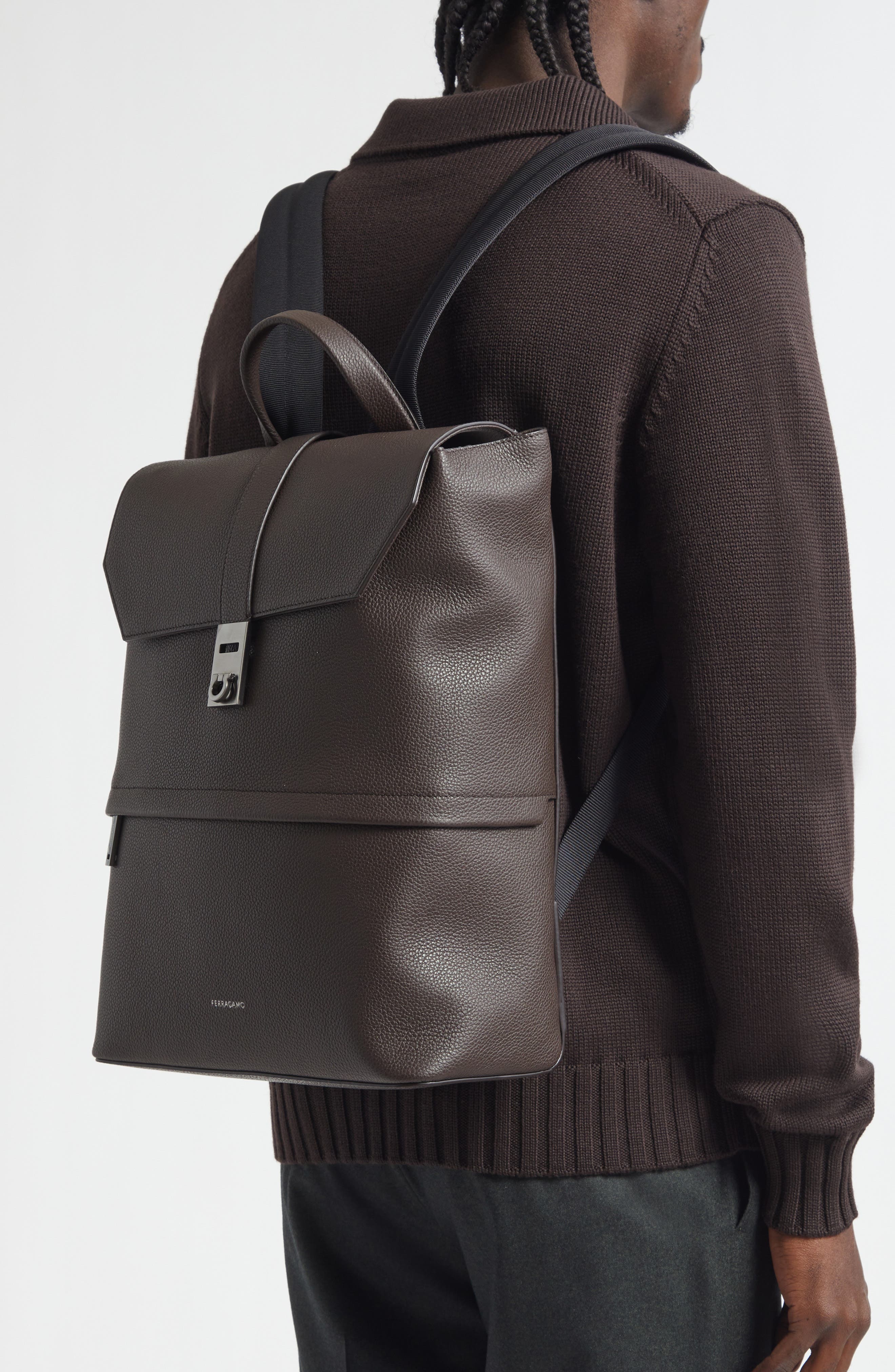 FERRAGAMO Twins Leather Backpack, Alternate, color, Testa Di Moro Nero