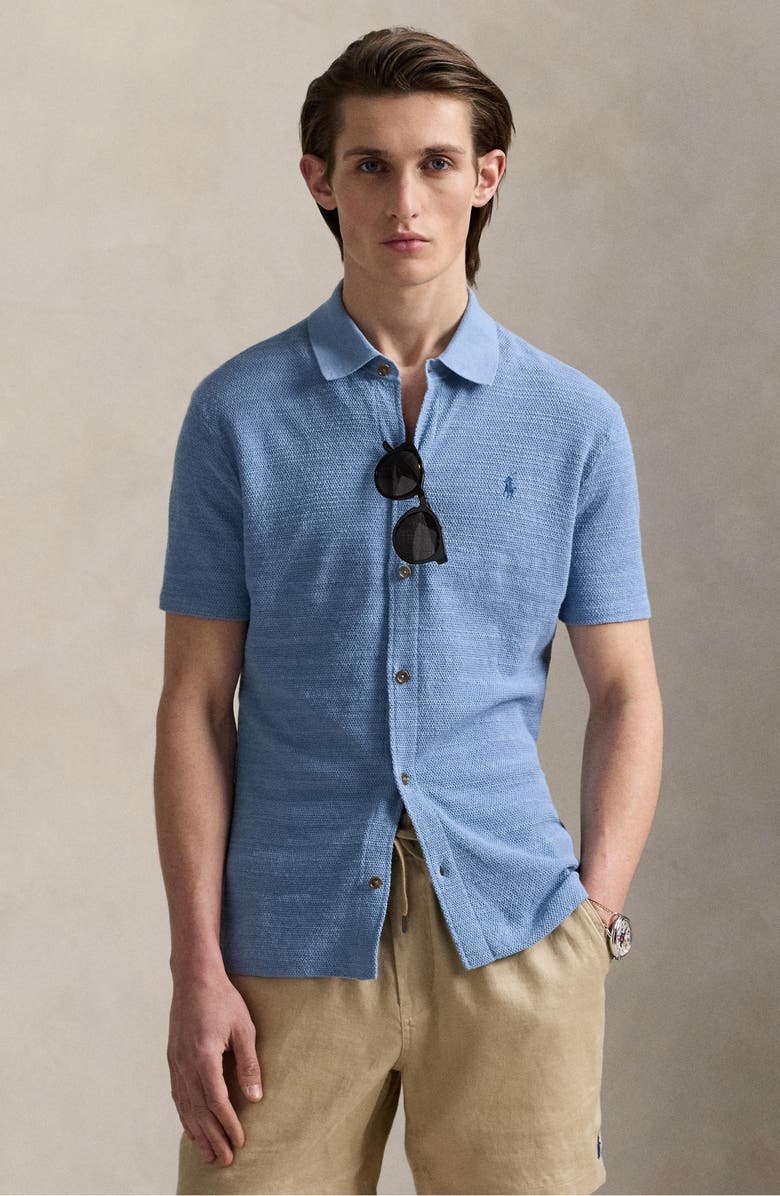 Polo Ralph Lauren Textured Short Sleeve Cotton & Linen Button-Up Shirt, Alternate, color, 