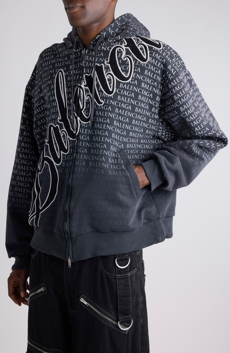 Balenciaga Big B Logo Embroidered Full Zip Dry Fleece Hoodie, Alternate, color, 6552 Washed Black 2/ White