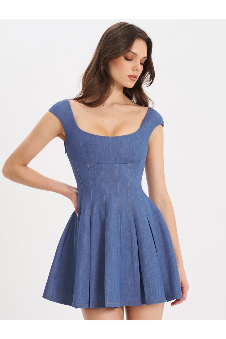 Sada Pleated Denim Mini Dress, Main, color, blue