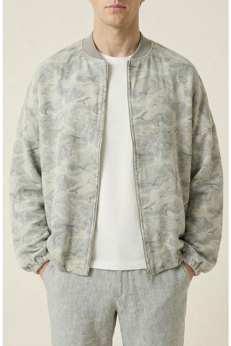Printed Zip Front Elastic Hem Bomber Jacket, Alternate, color, Beige