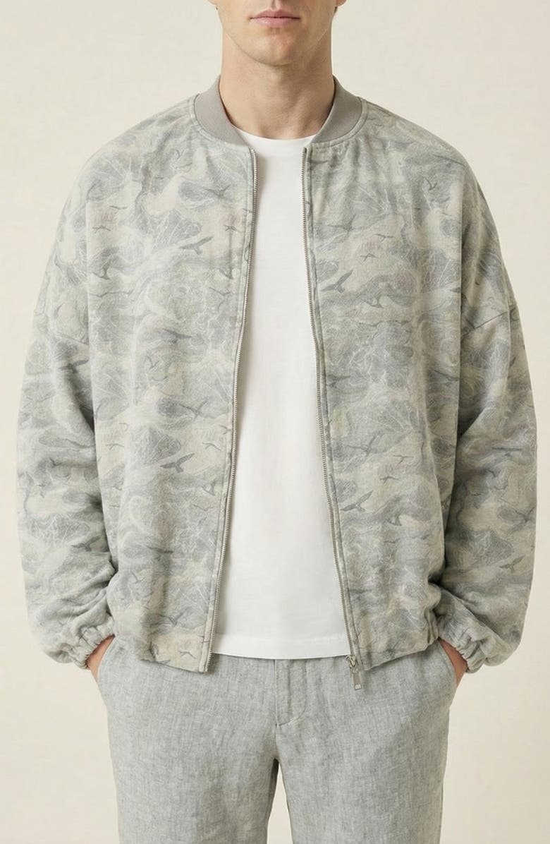Modenaire Printed Zip Front Elastic Hem Bomber Jacket, Alternate, color, Beige