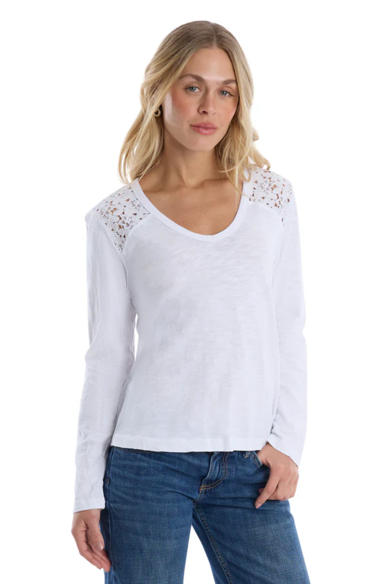 V-Neck Long Sleeve Mixed Media Tee with Lace Inset, Alternate, color, White