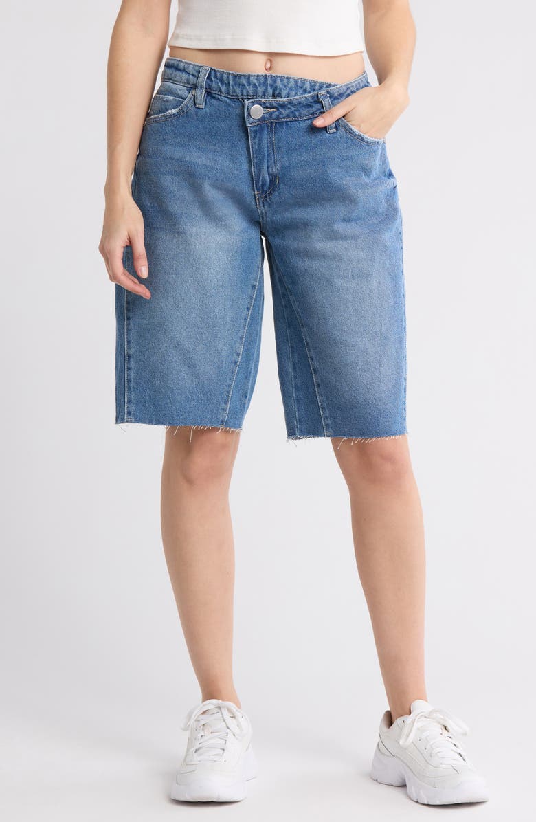 PTCL Crisscross Waistband Raw Hem Denim Shorts, Main, color, 
