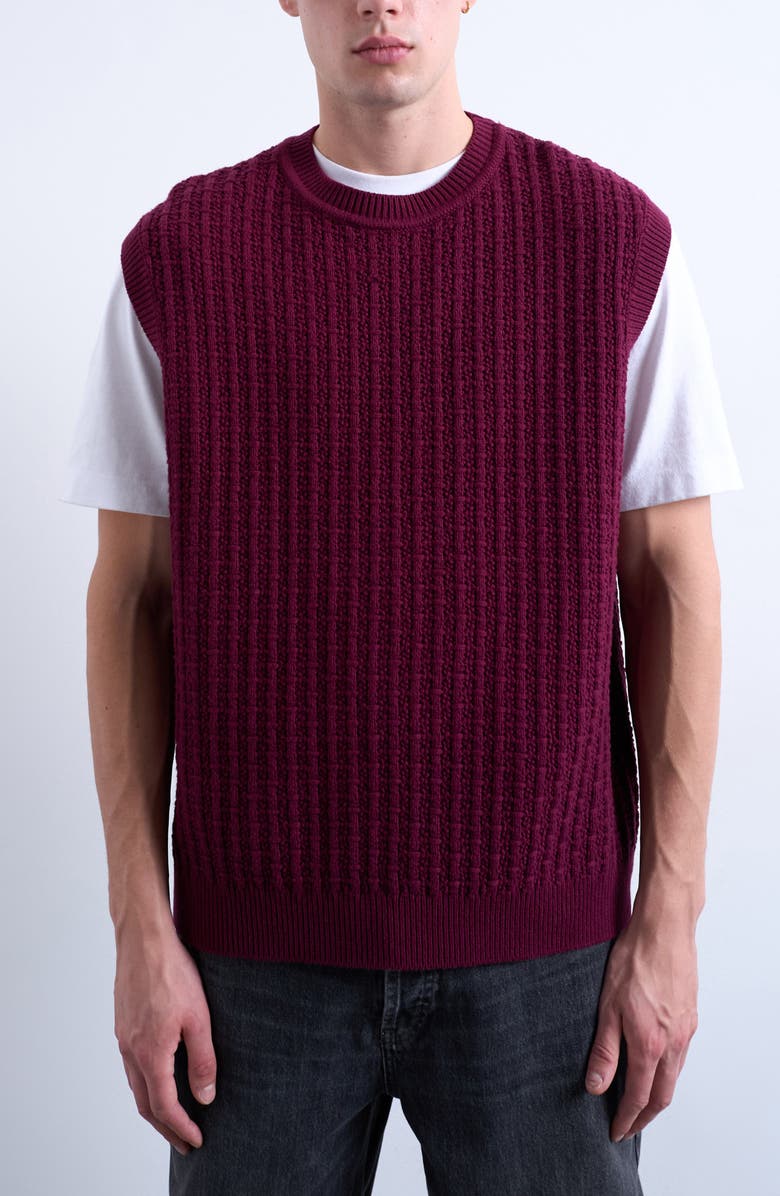 Topman Cable Stitch Sweater Vest, Main, color, Burgundy