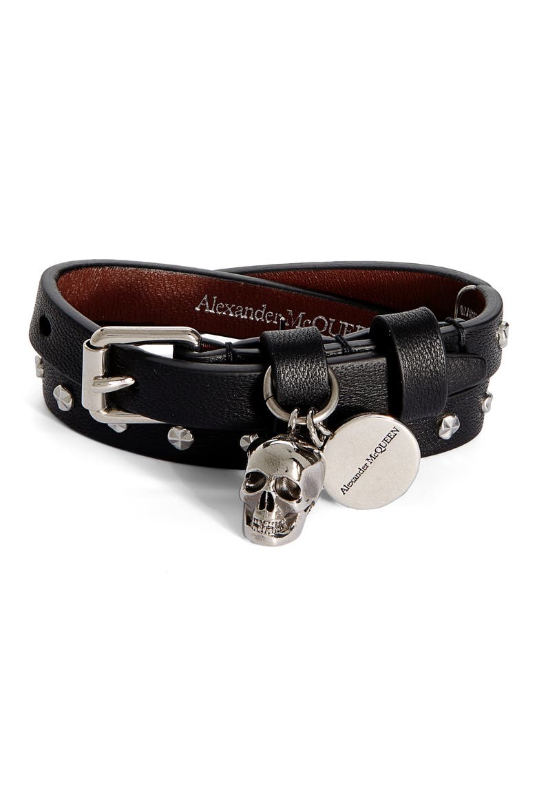Alexander McQueen Double Wrap Leather Bracelet, Main, color, BLACK/SILVER
