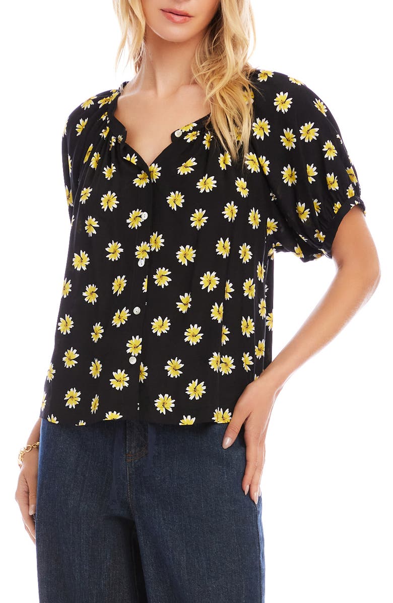 Karen Kane Floral Button-Up Peasant Top, Alternate, color, Black/ Floral Print