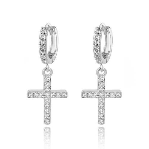 Hollywood Sensation Cross Dangle Earrings With White Diamond Cubic Zirconia In Silver