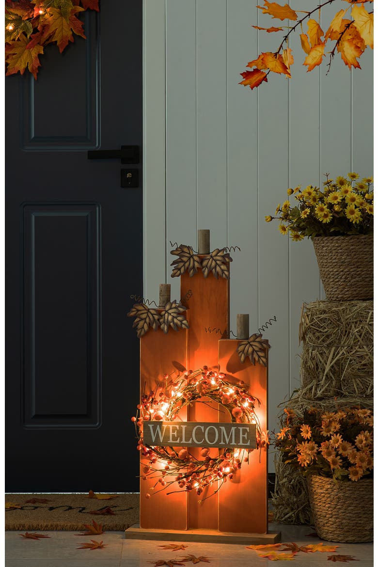 30"H Fall Lighted Wooden Pumpkin Decor with Timer, Alternate, color, Orange
