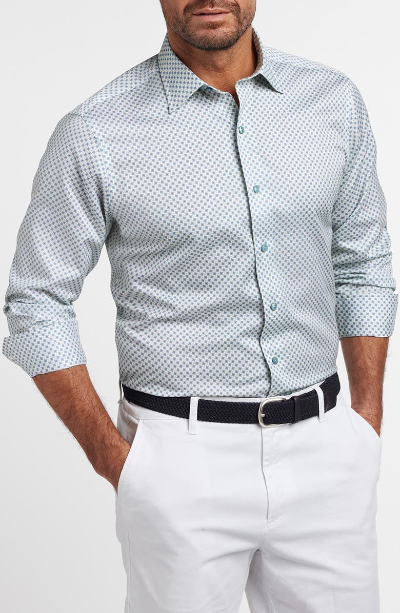 David Donahue Neat Print Cotton Button-Up Shirt, Alternate, color, Sand/ Sky