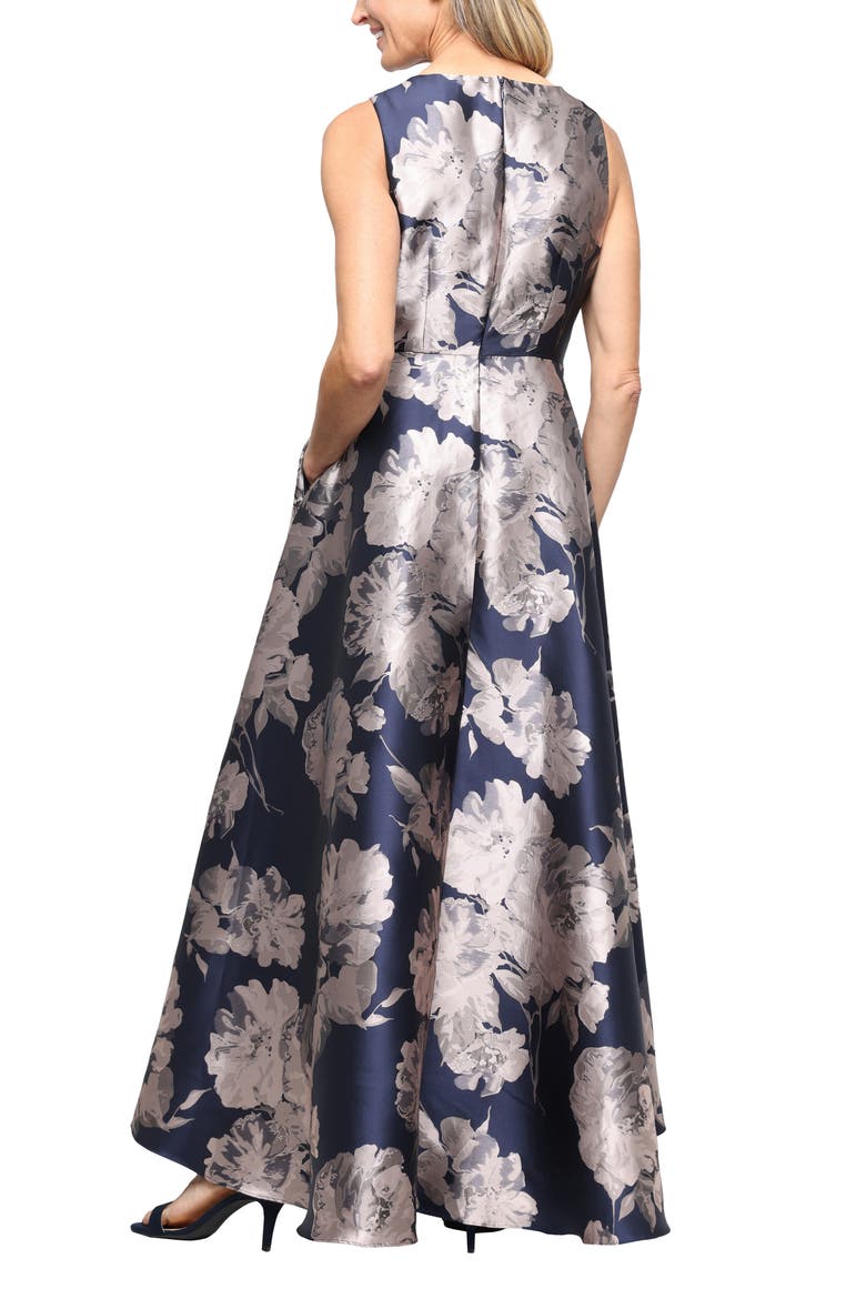 Floral Sleeveless Jacquard Gown, Alternate, color, NAVY/ TAUPE