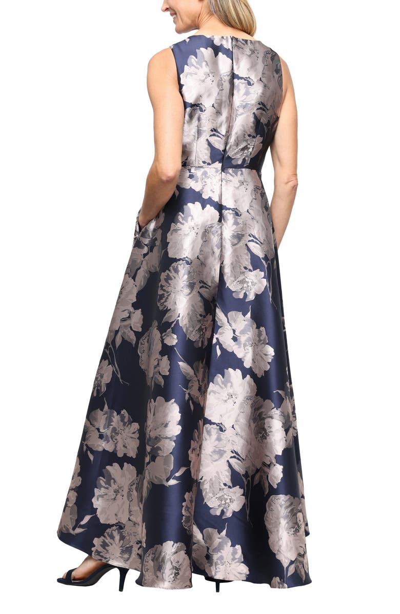 SL FASHIONS Floral Sleeveless Jacquard Gown, Alternate, color, Navy/ Taupe