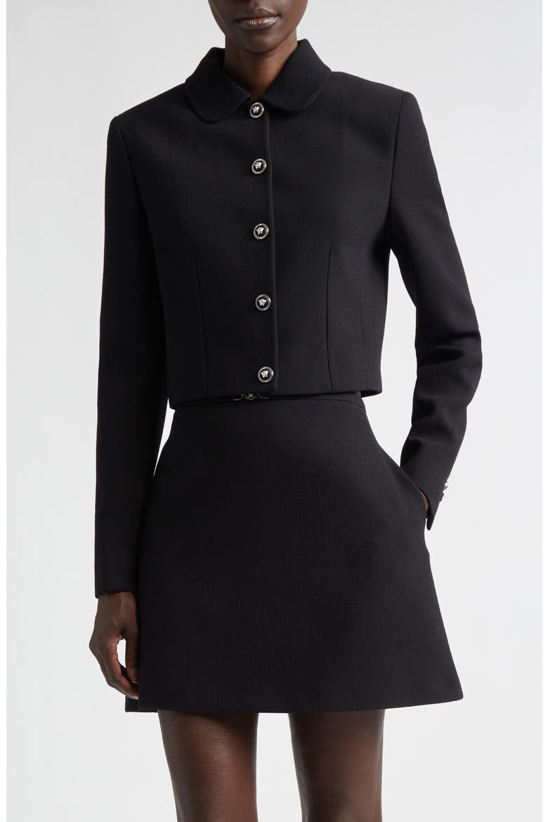 Medusa '95 Double Face Virgin Wool Crepe Crop Jacket, Main, color, BLACK