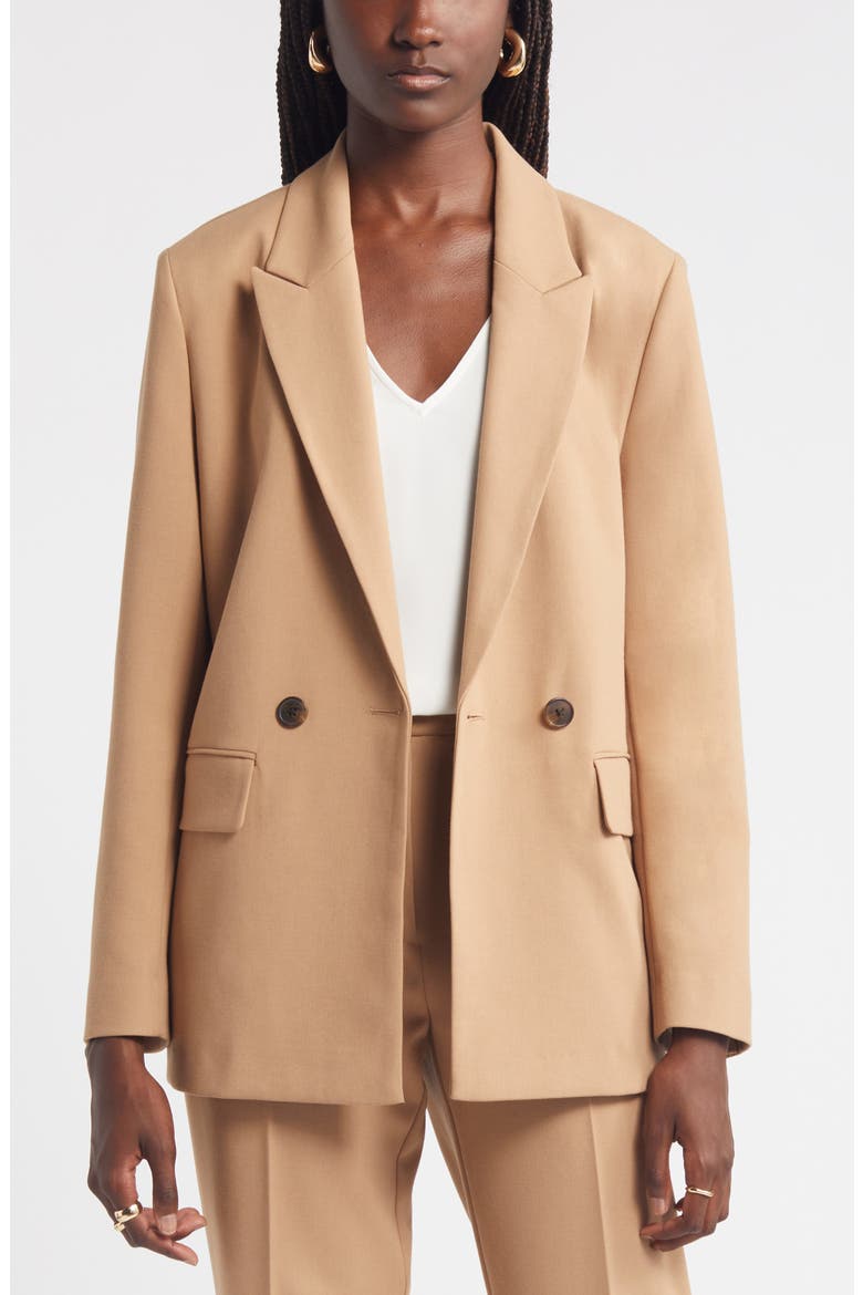 Double Breasted Peak Lapel Blazer, Main, color, CAMEL