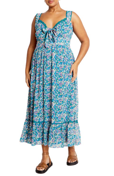 Lidia Tie Front Lace Trim Maxi Dress (Plus)