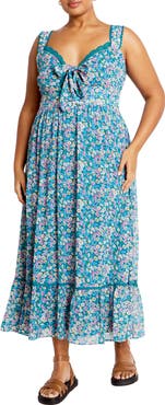 City Chic Lidia Tie Front Lace Trim Maxi Dress