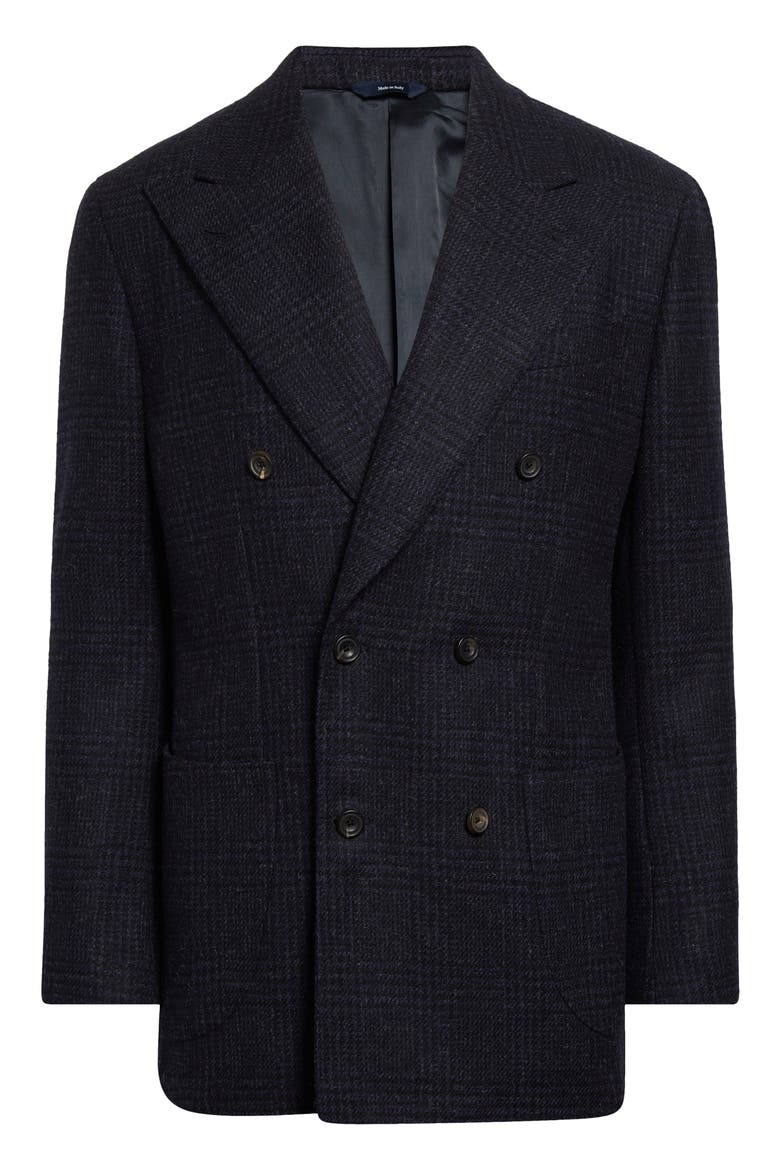 Unstructured Double Breasted Plaid Wool Sport Coat, Alternate, color, NAVY CHECK