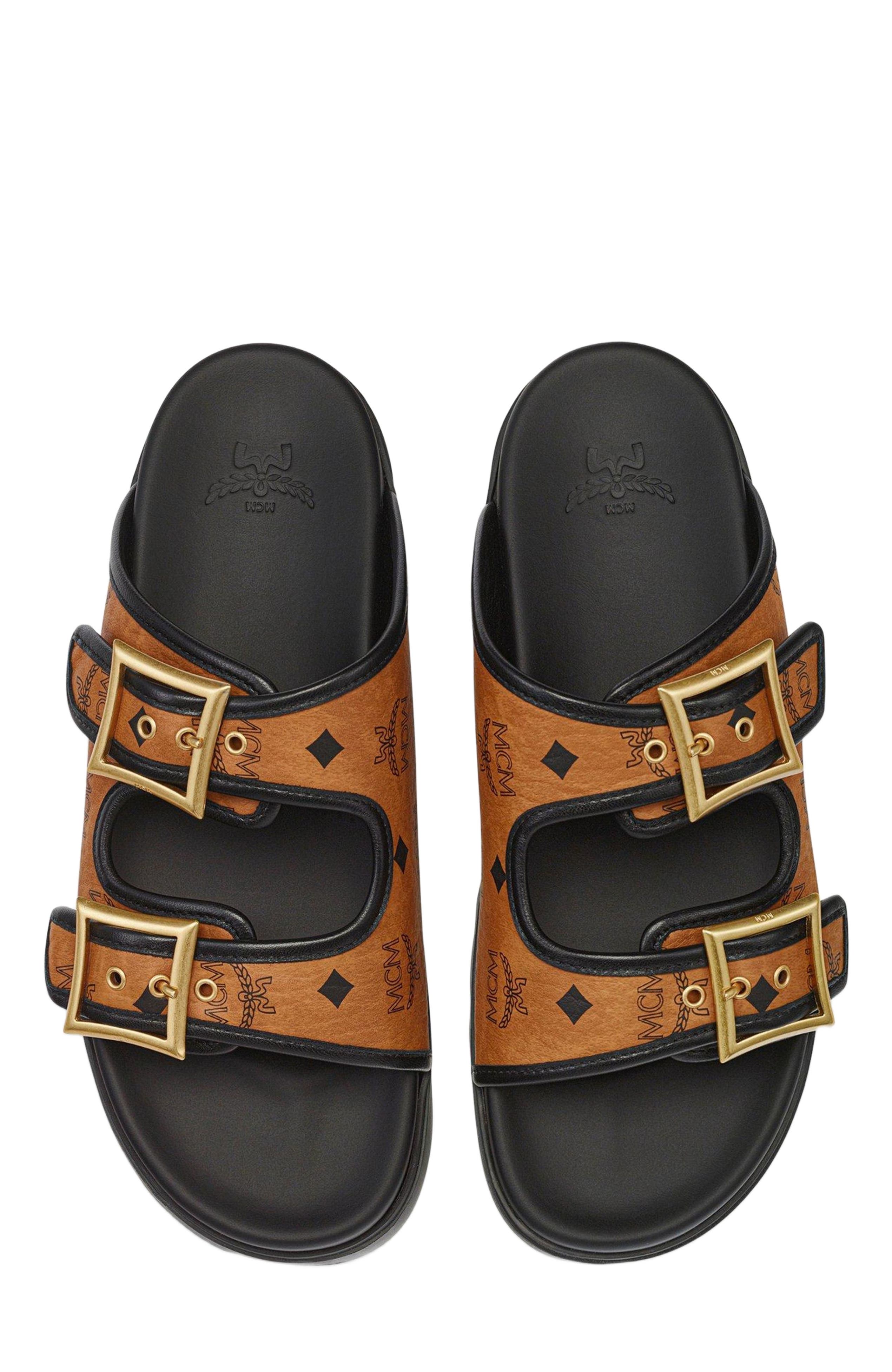 MCM Sandals in Visetos, Alternate, color, Cognac