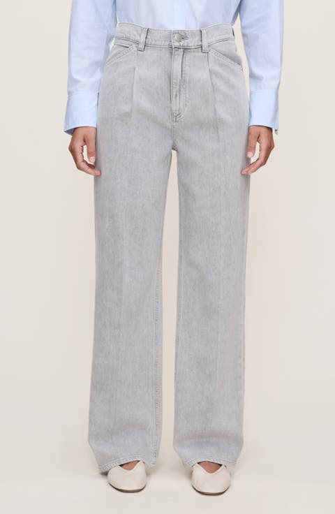 Casie Pleated Mid Rise Wide Leg Jeans (Lt Storm Cloud)