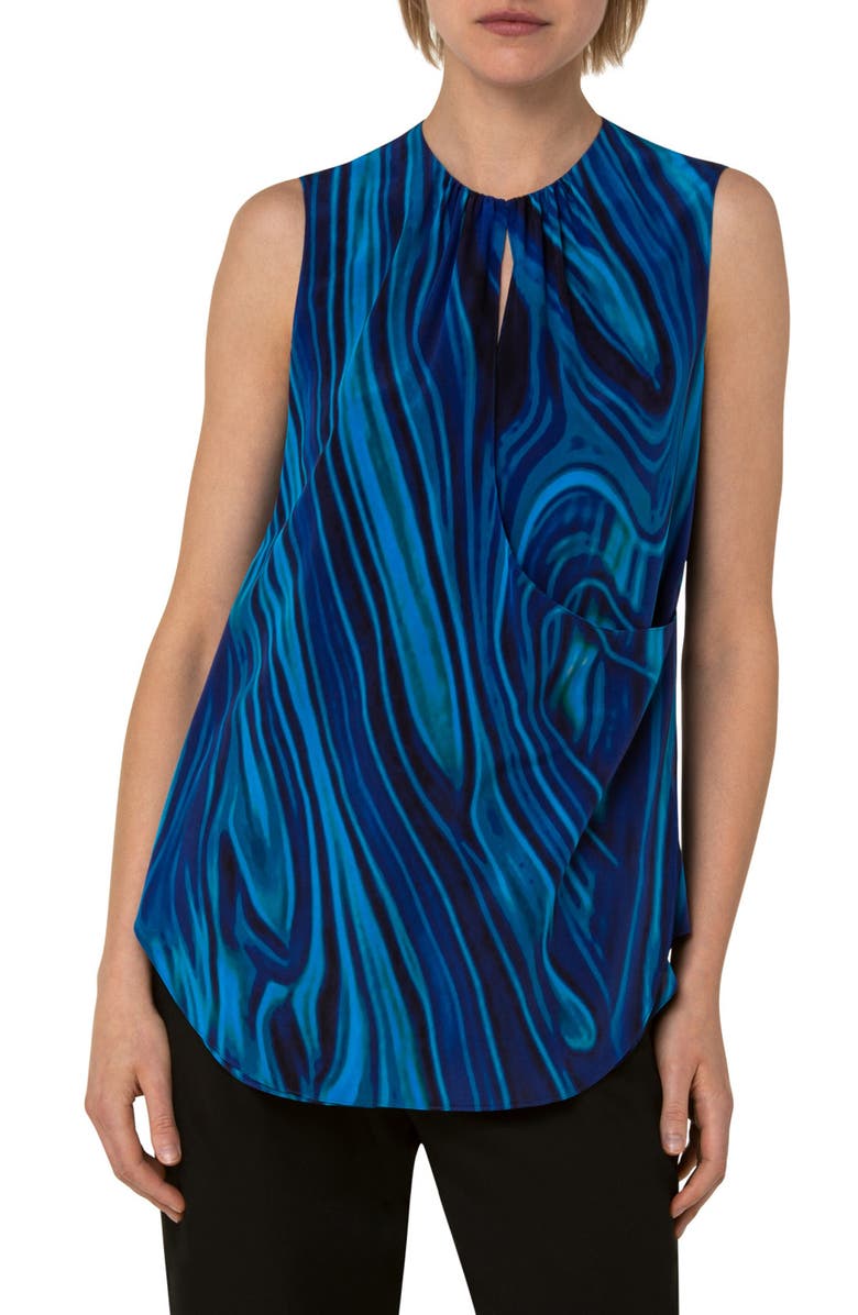 Akris punto Earth Print Sleevess Silk Blouse, Main, color, Azure Multicolor