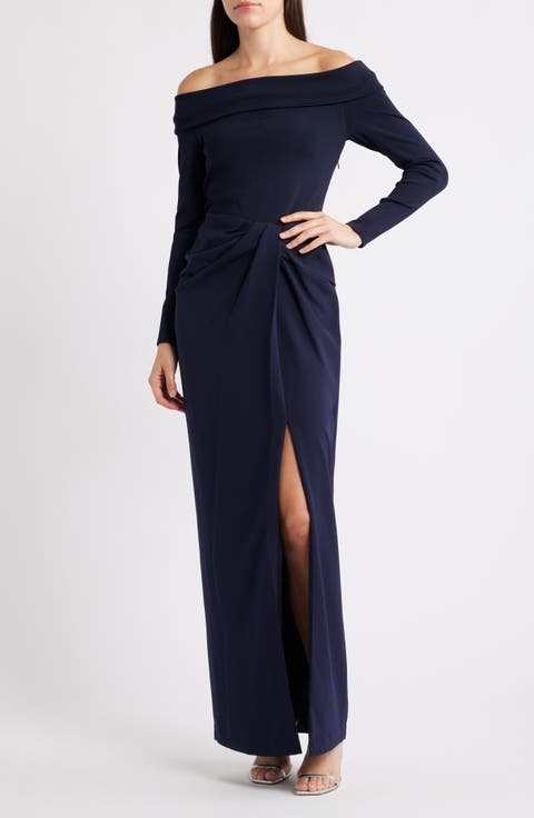 Off the Shoulder Long Sleeve Rib & Crepe Gown