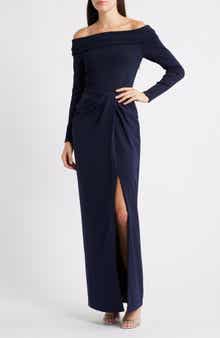 Lauren Ralph Lauren Off the Shoulder Long Sleeve Rib & Crepe Gown