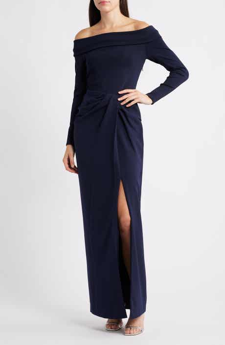 Lauren Ralph Lauren Off the Shoulder Long Sleeve Rib & Crepe Gown