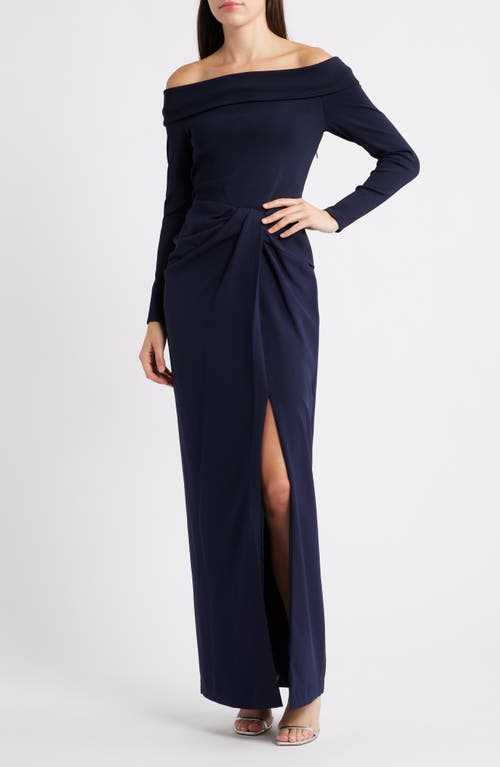Ralph Lauren Lauren Off The Shoulder Long Sleeve Rib & Crepe Gown In Blue