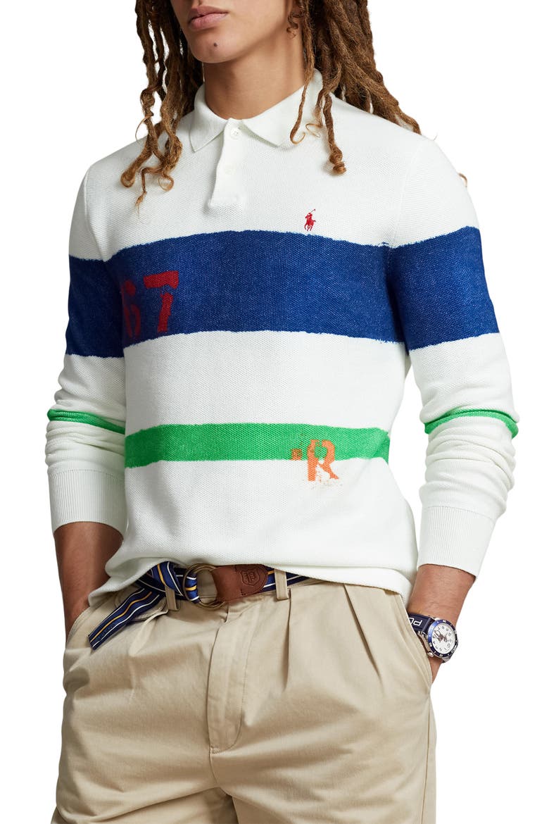 Stripe Cotton Mesh Knit Polo Sweater, Main, color, WHITE MULTI COMBO