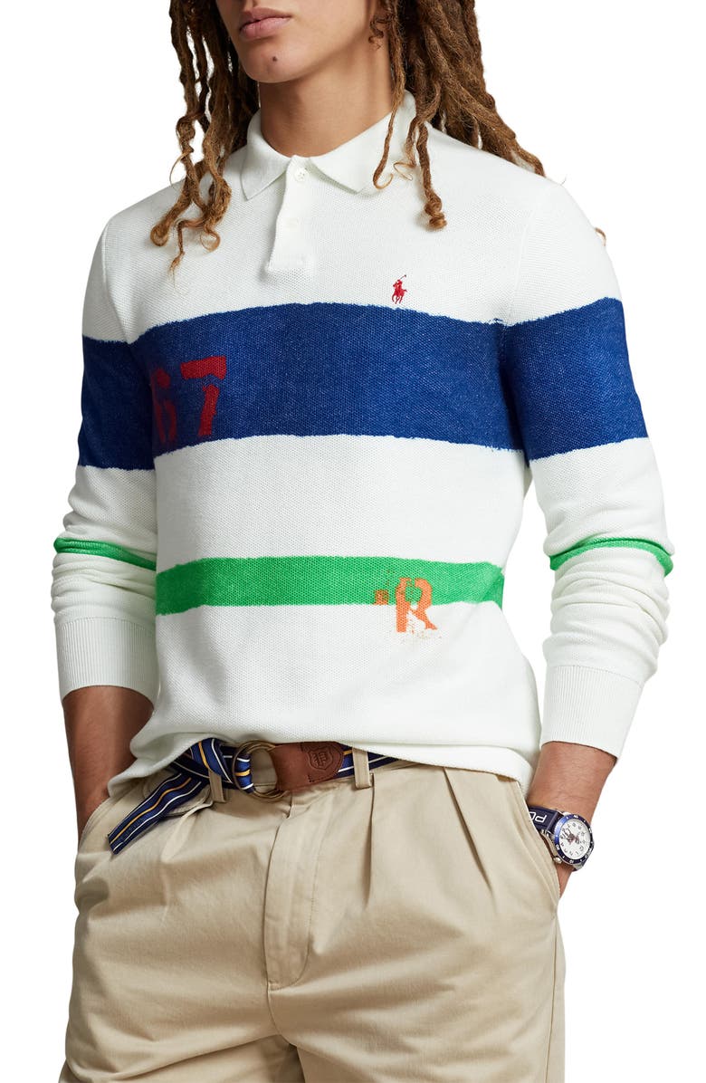Polo Ralph Lauren Stripe Cotton Mesh Knit Polo Sweater, Main, color,