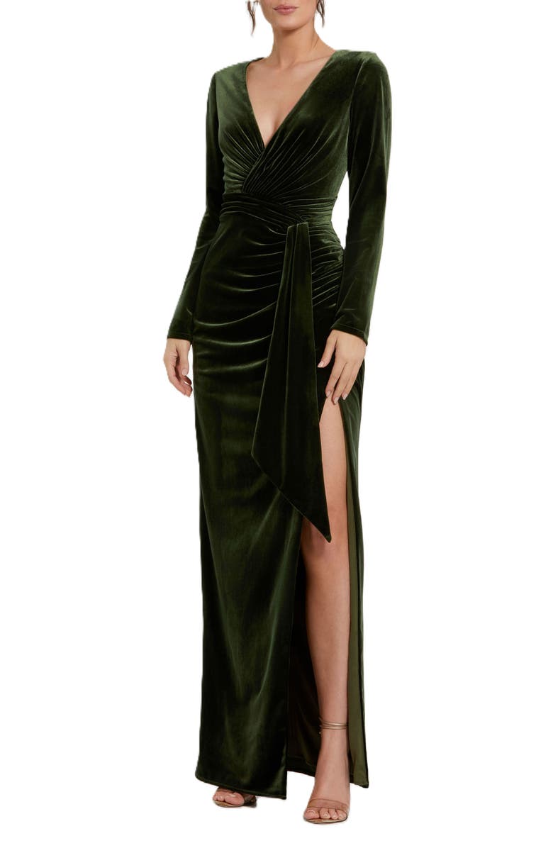 Mac Duggal Long Sleeve Deep V Neck Draped Velvet Gown, Main, color, Olive