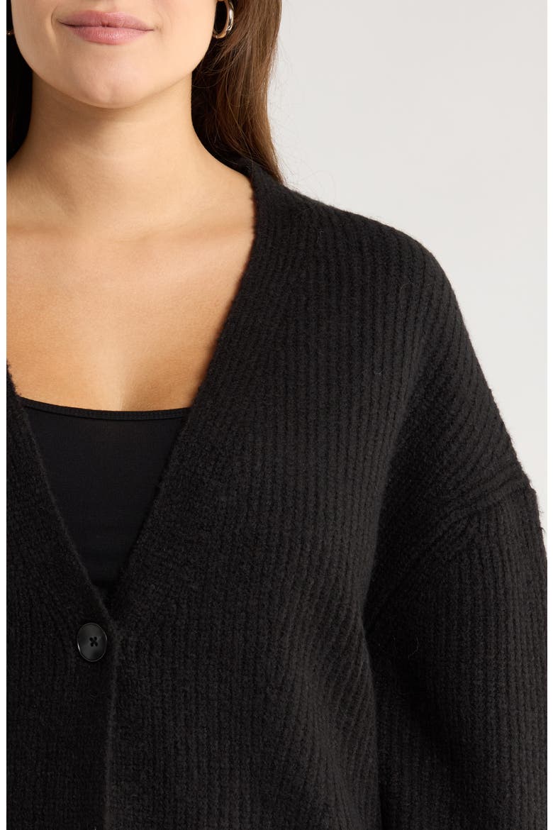 One-Button V-Neck Rib Cardigan, Alternate, color, BLACK ROCK