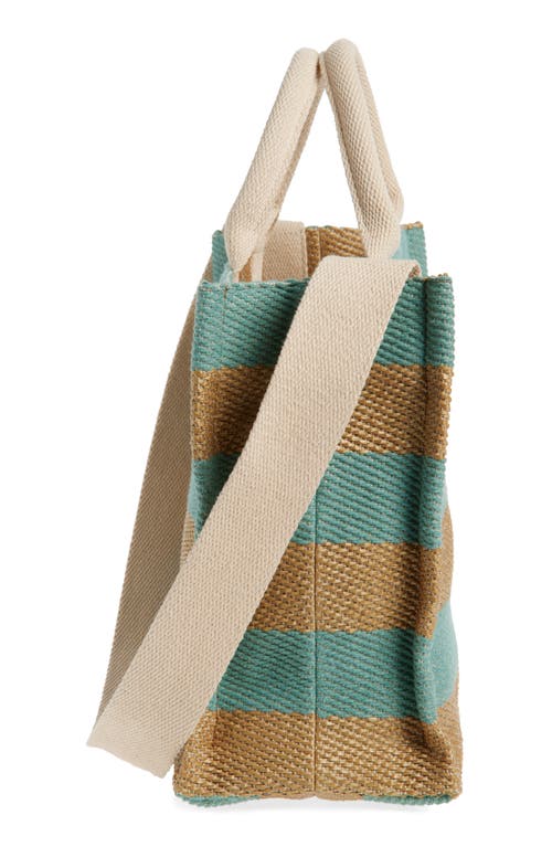 Marni Small Logo Stripe Woven Tote In Teal/blue
