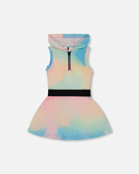 Little Girl's Hooded Dress With Elastic Waist Multicolored Tie Dye