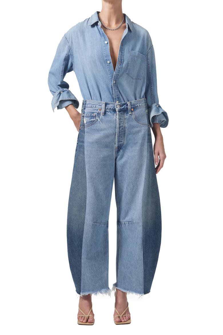 Pieced Horseshoe Raw Hem Ankle Wide Leg Jeans, Alternate, color, FRACTURE