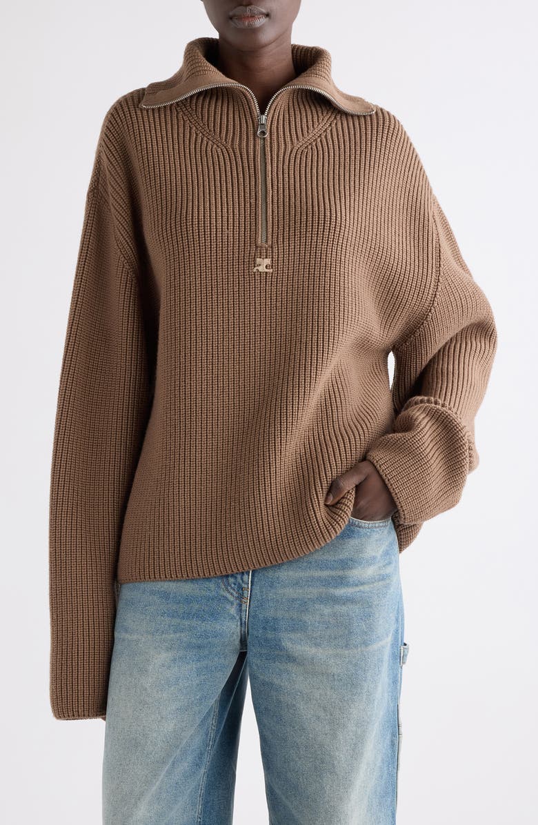 Courrèges Trucker Wool Rib Half Zip Sweater, Main, color, Mocha