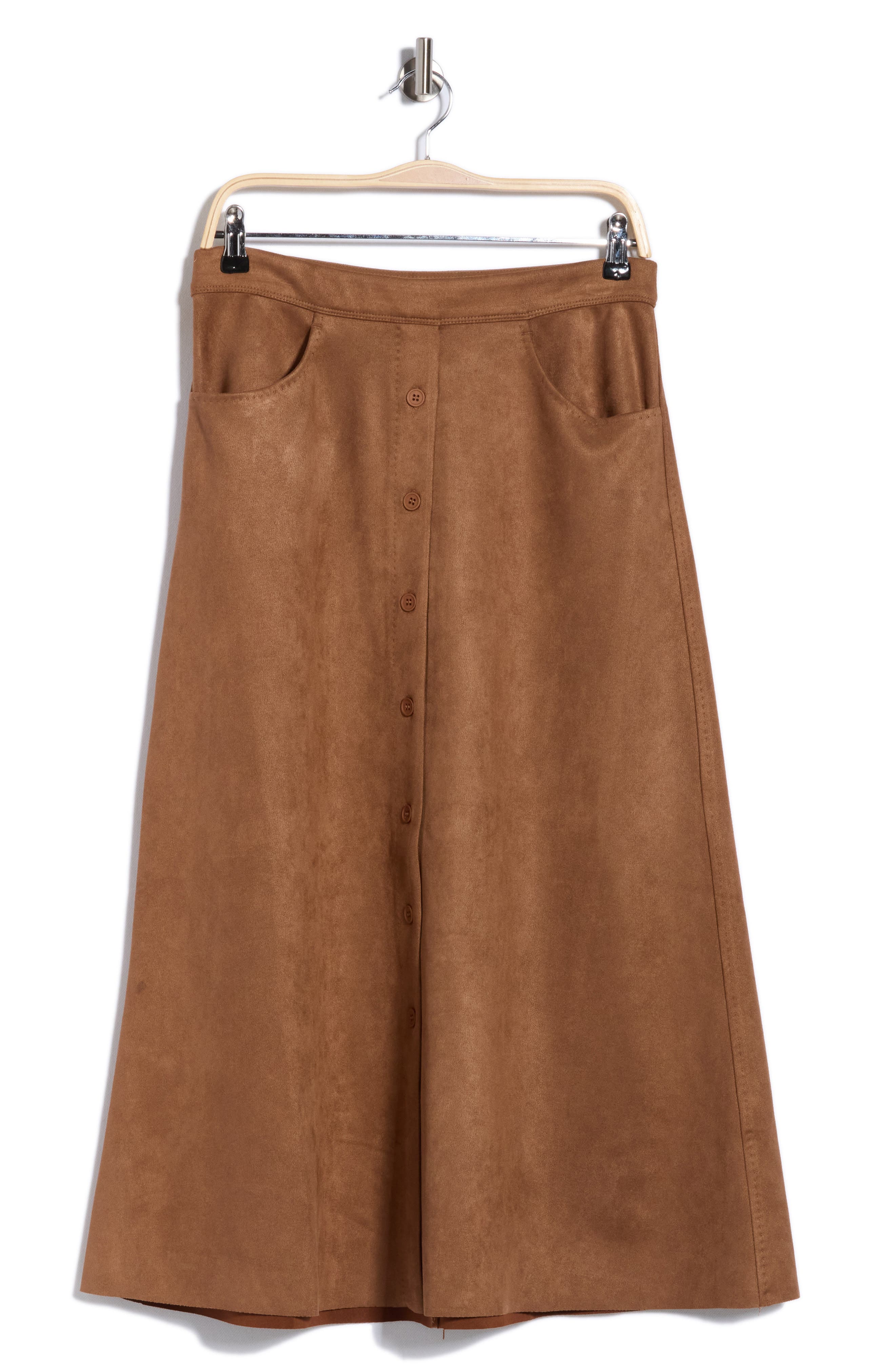 Button Front Faux Suede Maxi Skirt