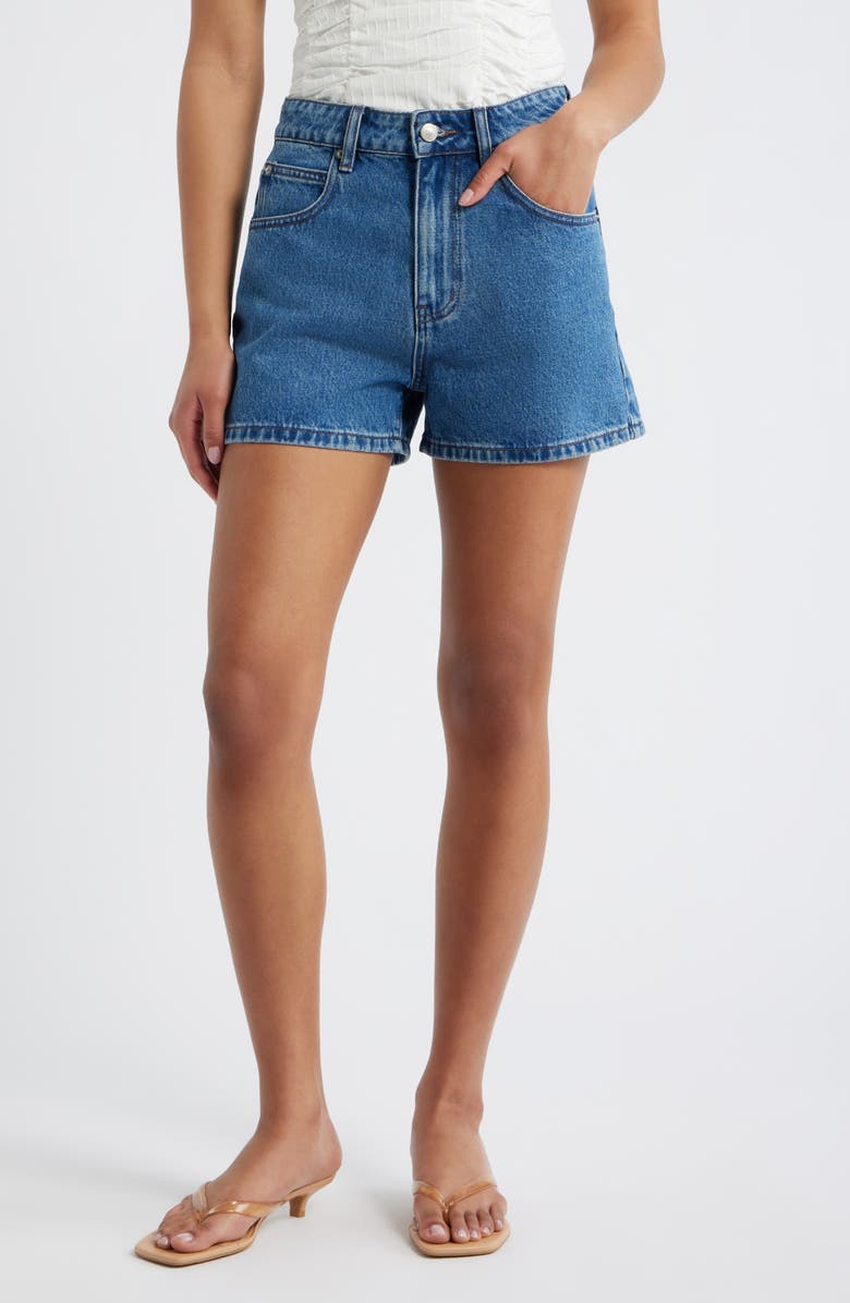 Princess Polly Tropicana High Waist Denim Shorts, Main, color, Mid Wash